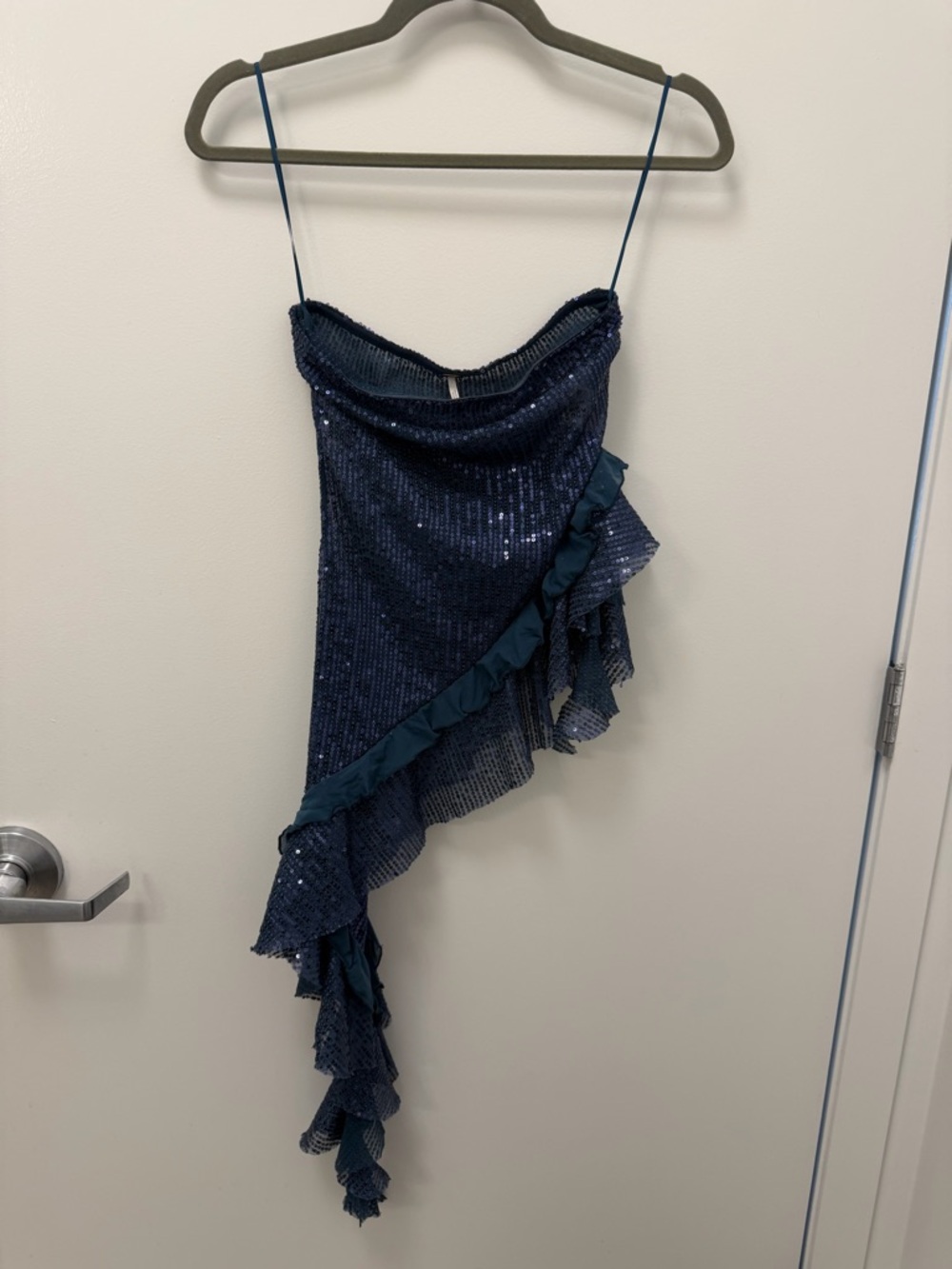 Free People Navy Sequin Asymmetrical Ruffle Cocktail Top